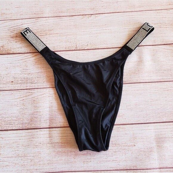 Victoria's Secret "LOVE" Rhinestone Shine Strap Brazilian Panty Black Medium - Picture 3 of 7